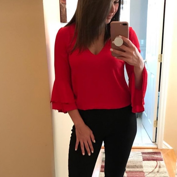 Zara Tops - ZARA RED CREPE BLOUSE Ruffle sleeve Xs